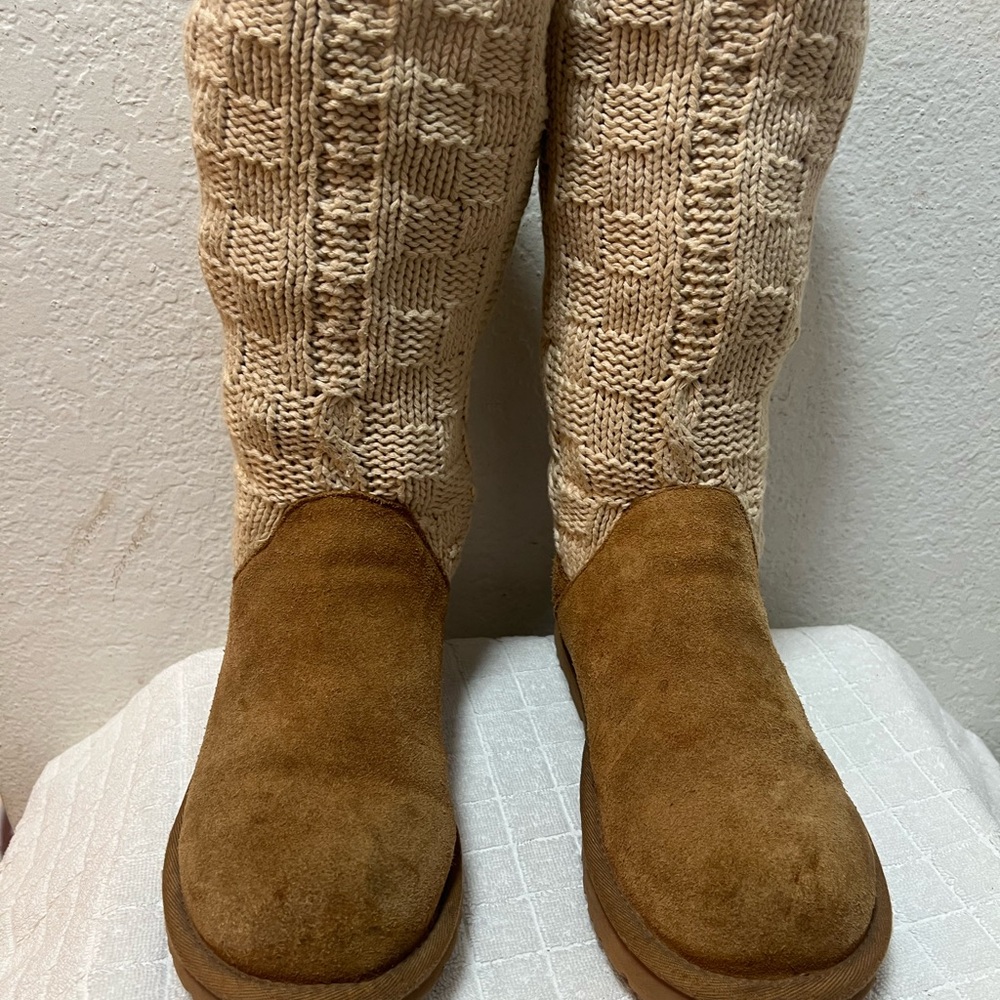 UGG Cream and Tan Knit Suede Boots